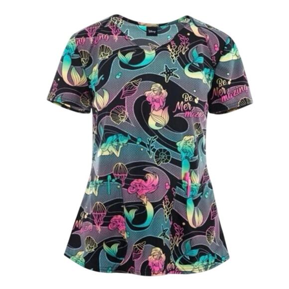 Disney Mer-mazing Ariel Little Mermaid Women's 2-Pocket STRETCH V-Neck Scrub Top - Picture 1 of 11